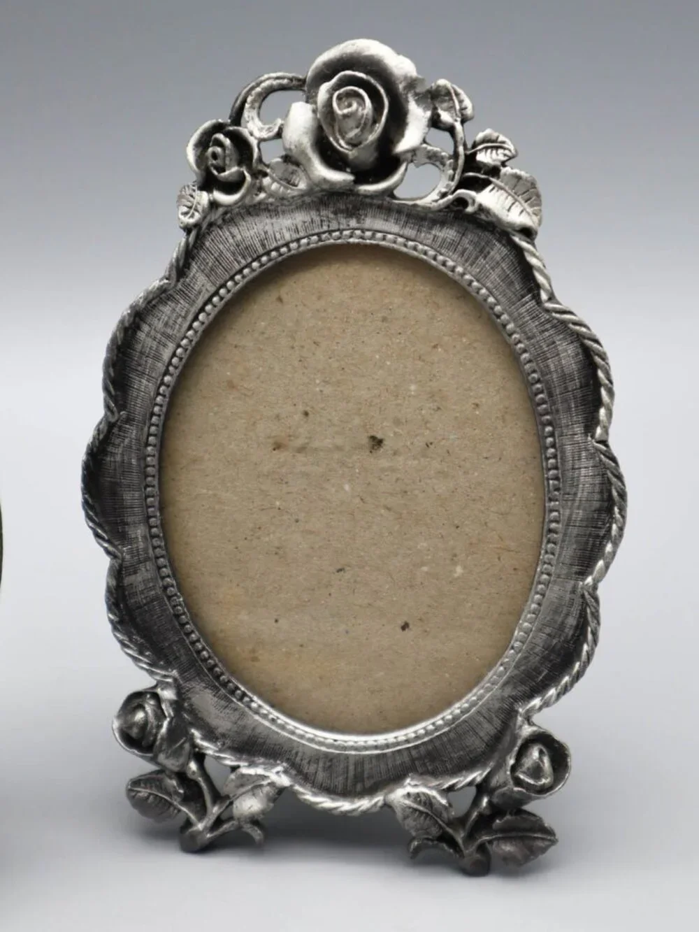 Set of 2 Small Pewter Picture Frames Floral Rose Design Oval & Heart Cottagecore